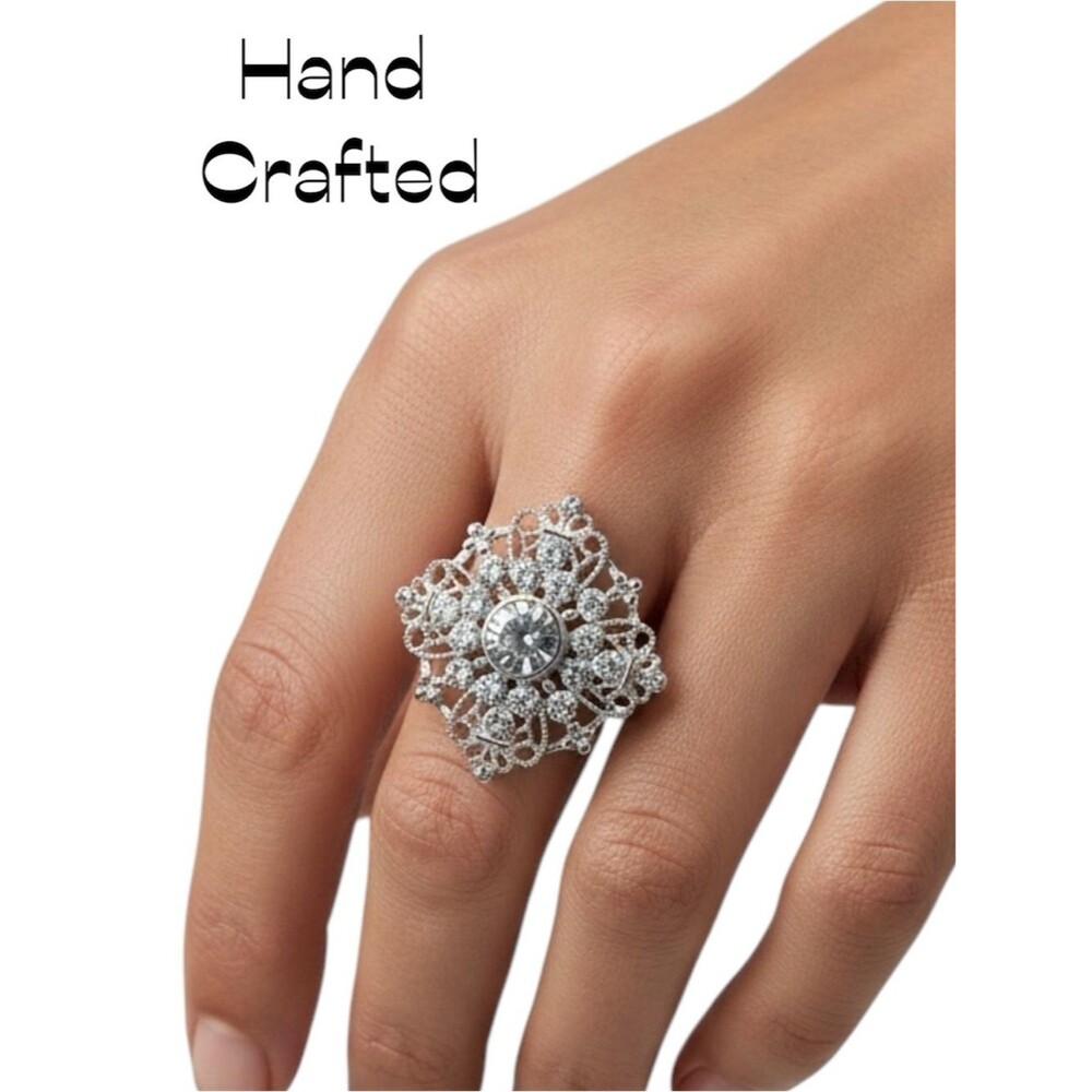 Hand Crafted White Gold Silver Rhinestone Button Ring NWT